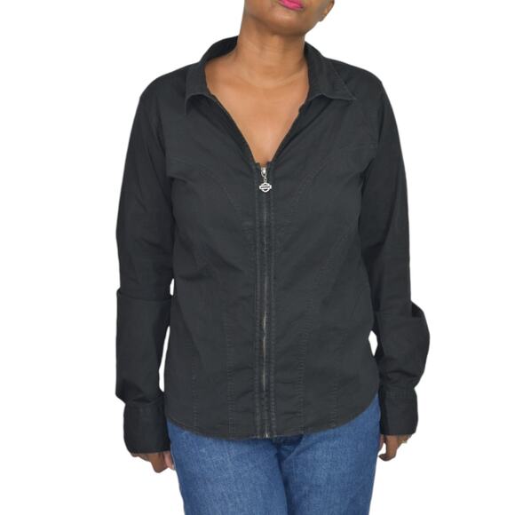 Harley Davidson Zip Shirt Black Motorcycle Crystals Rhinestone Bedazzled Large - Picture 12 of 16